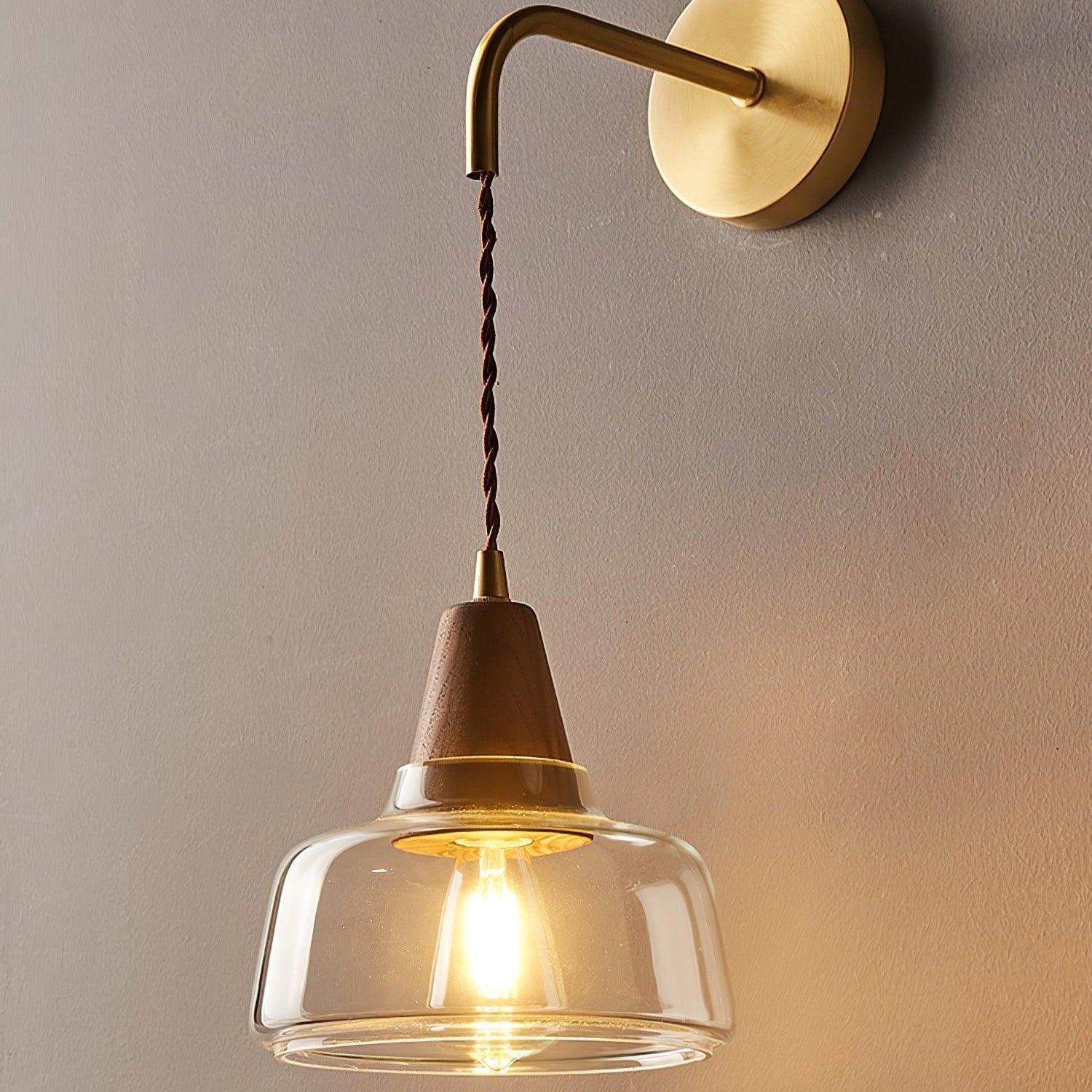 Wall Lamp Amber Glass Shade Tapered Walnut Accent Soft Glow Modern - Neutral Decor