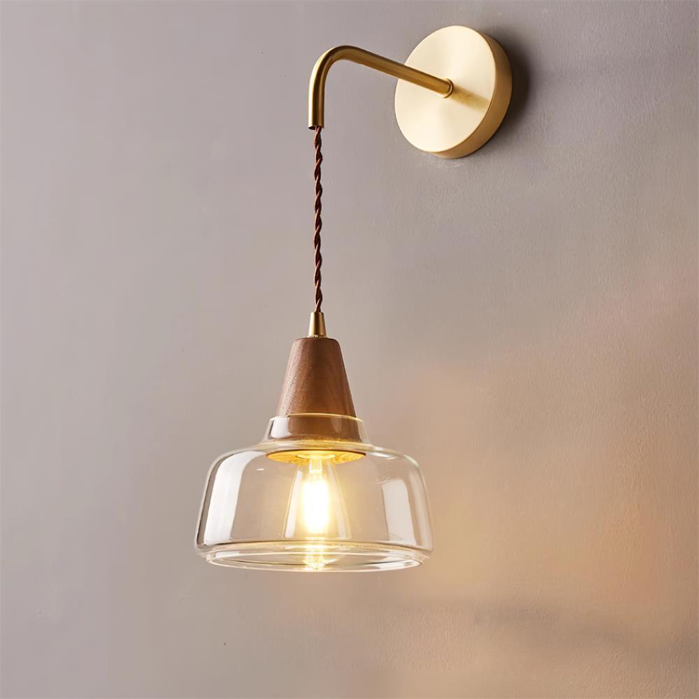 Wall Lamp Amber Glass Shade Tapered Walnut Accent Soft Glow Modern - Neutral Decor