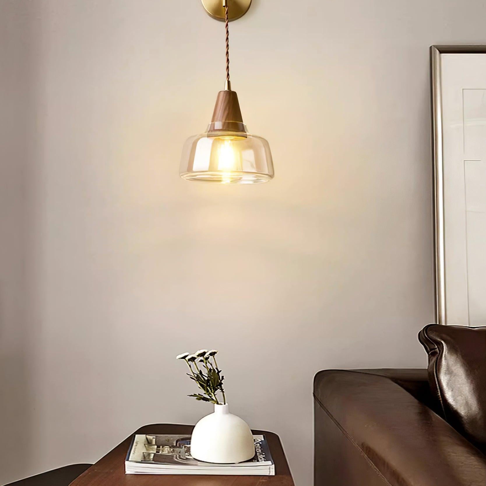 Wall Lamp Amber Glass Shade Tapered Walnut Accent Soft Glow Modern - Neutral Decor