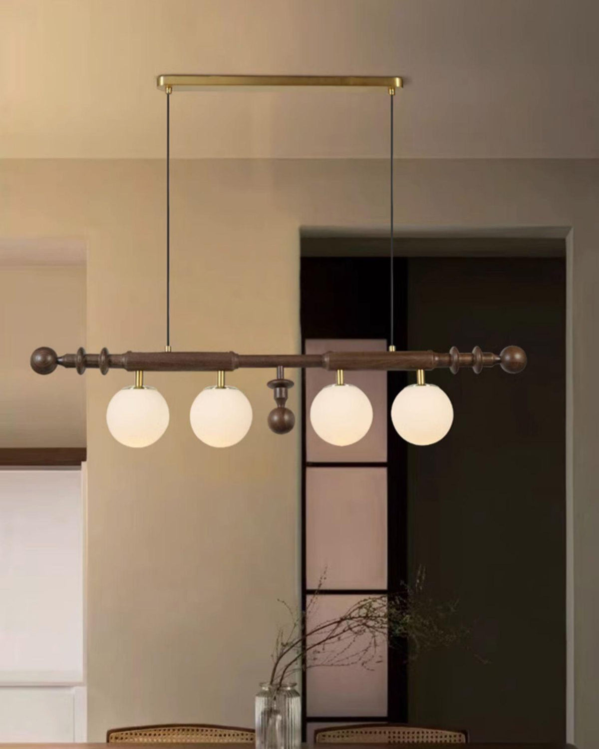 Elvalelle Chandelier Roman Column Walnut Wood Glass