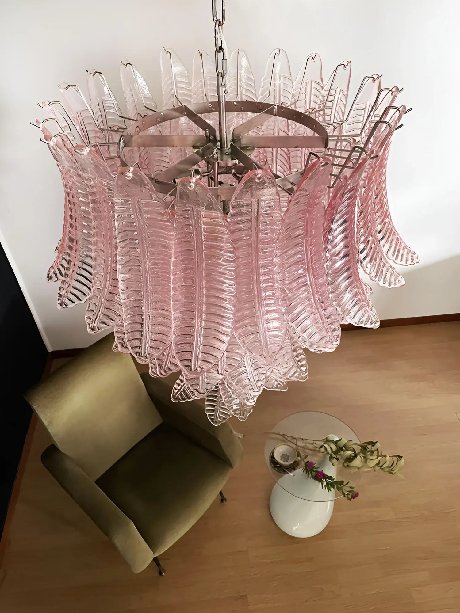 Liorisian Chandelier Pink Murano Glass Leaves Cascading Romantic