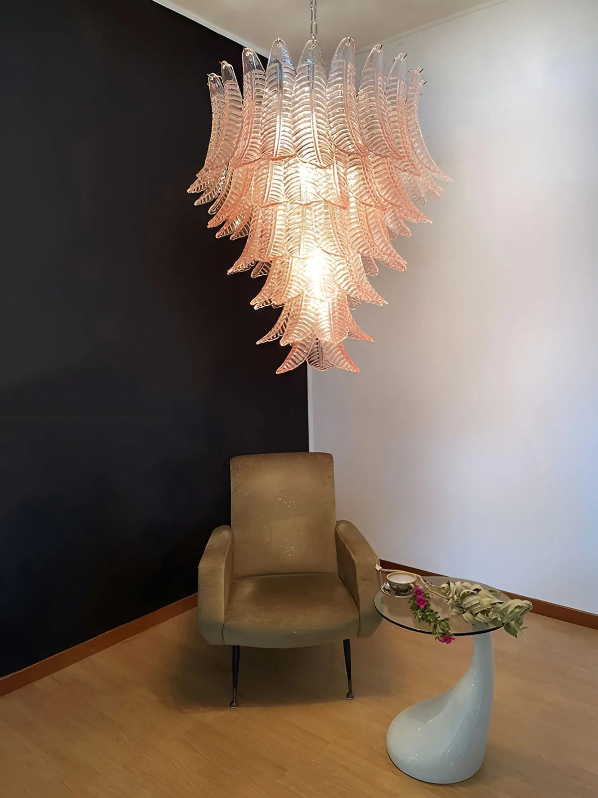 Liorisian Chandelier Pink Murano Glass Leaves Cascading Romantic