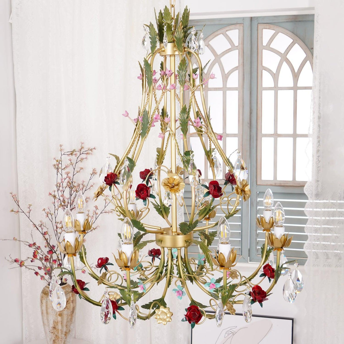 Selarella Chandelier Brass Floral Rose Crystal Candle