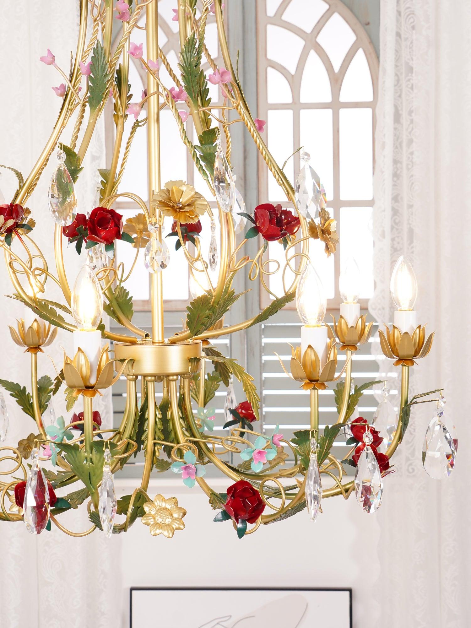 Selarella Chandelier Brass Floral Rose Crystal Candle