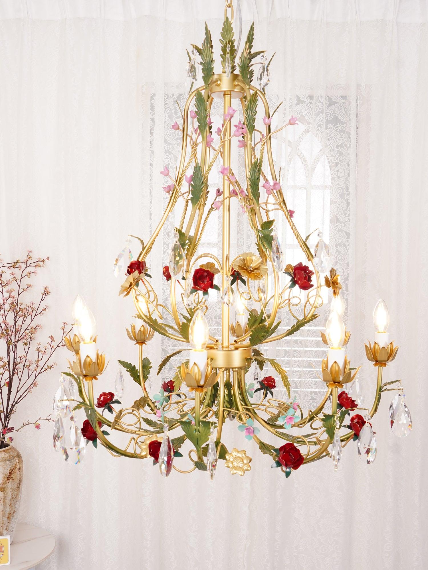 Selarella Chandelier Brass Floral Rose Crystal Candle