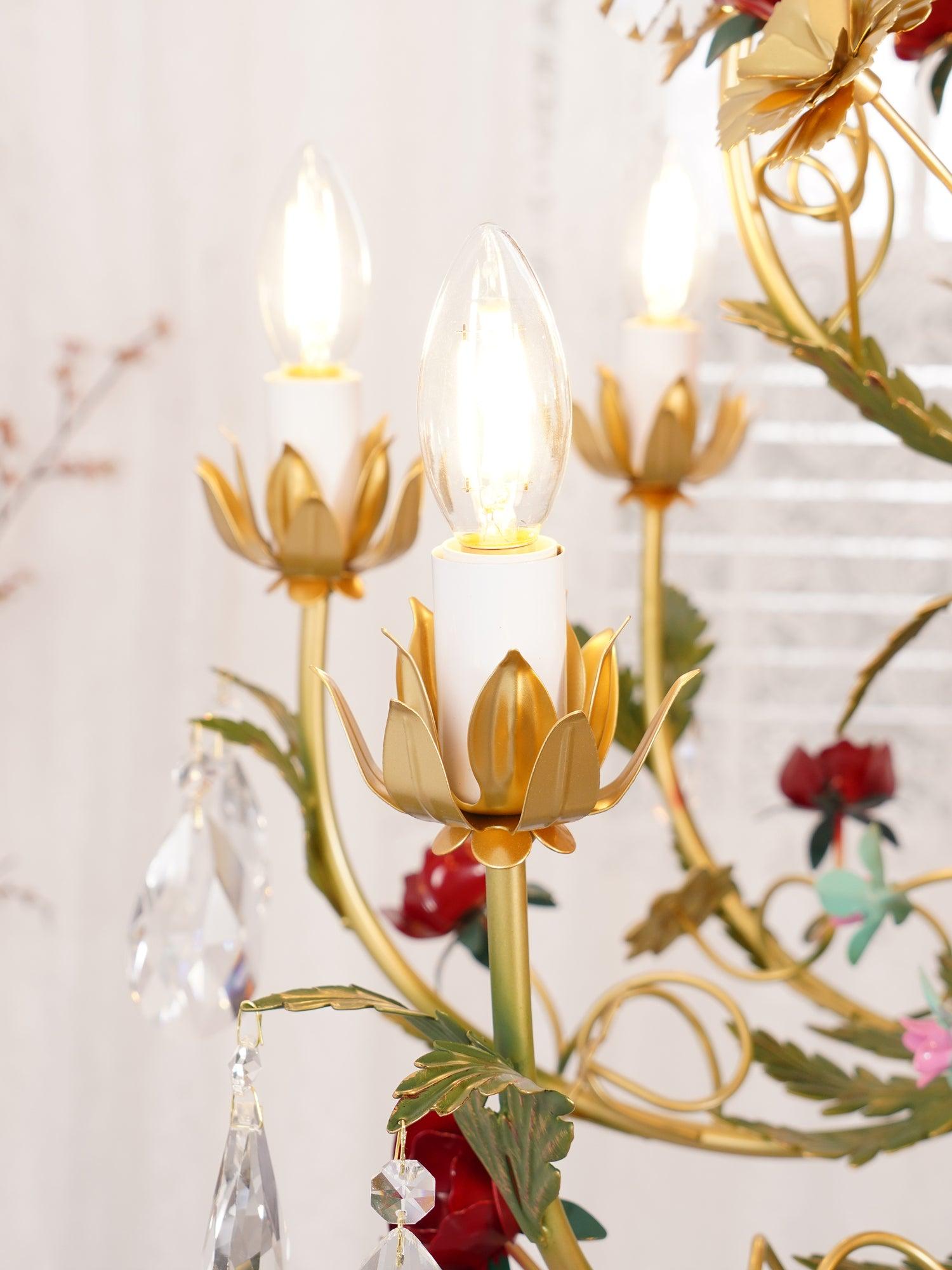 Selarella Chandelier Brass Floral Rose Crystal Candle