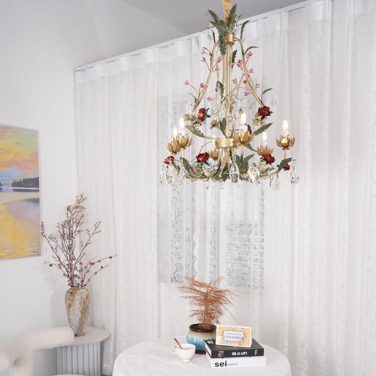 Selarella Chandelier Brass Floral Rose Crystal Candle