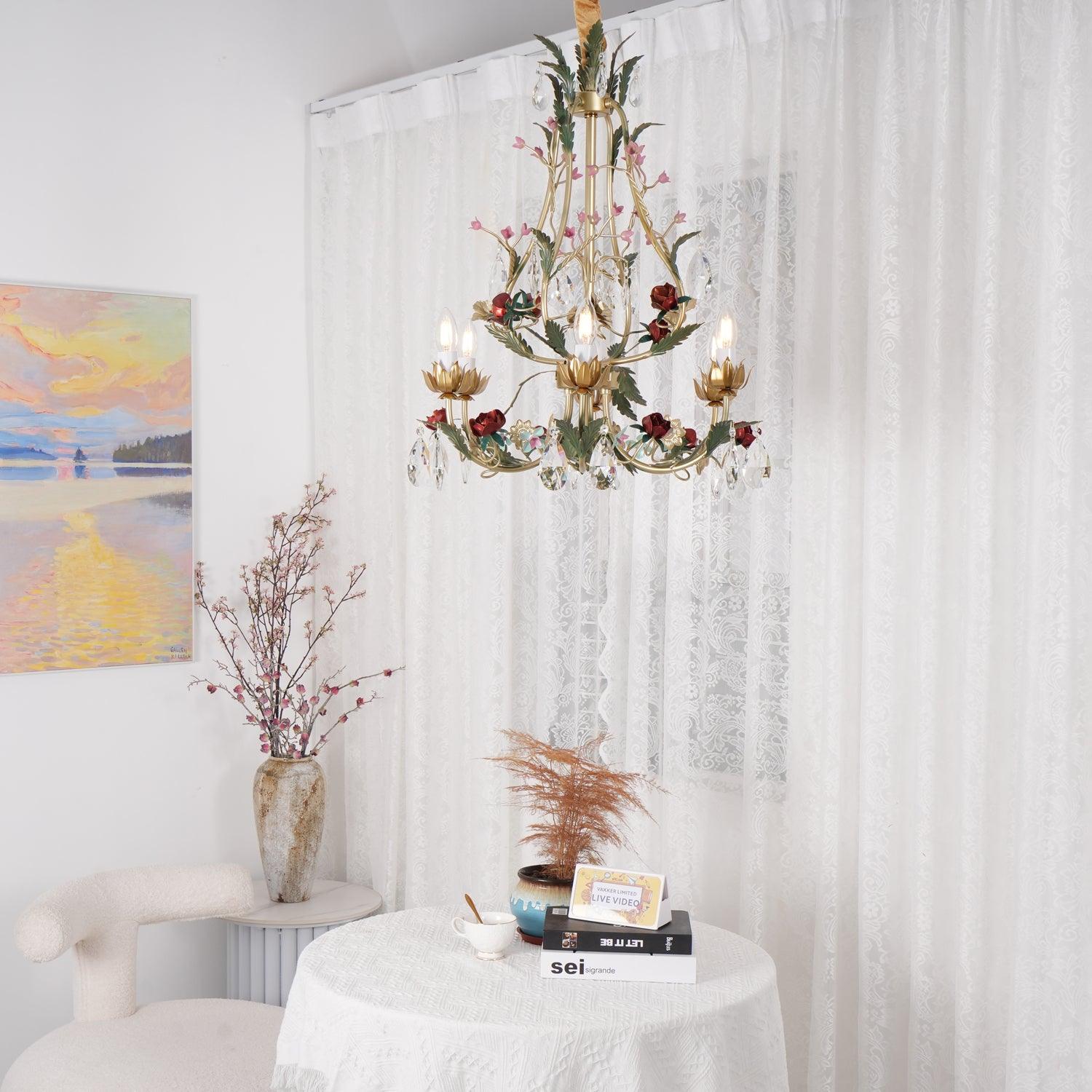 Selarella Chandelier Brass Floral Rose Crystal Candle