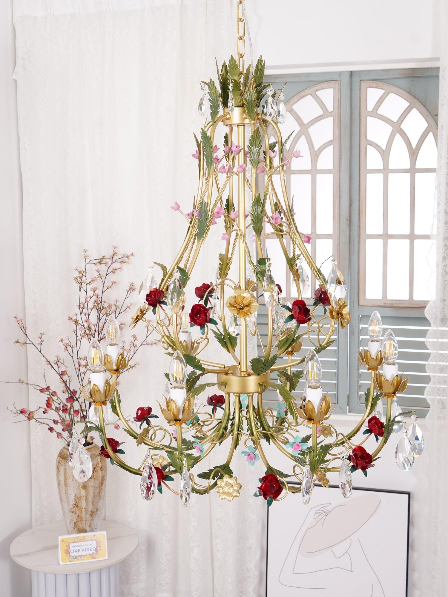 Selarella Chandelier Brass Floral Rose Crystal Candle