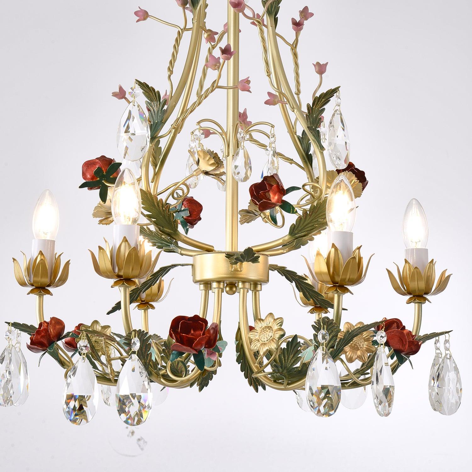 Selarella Chandelier Brass Floral Rose Crystal Candle