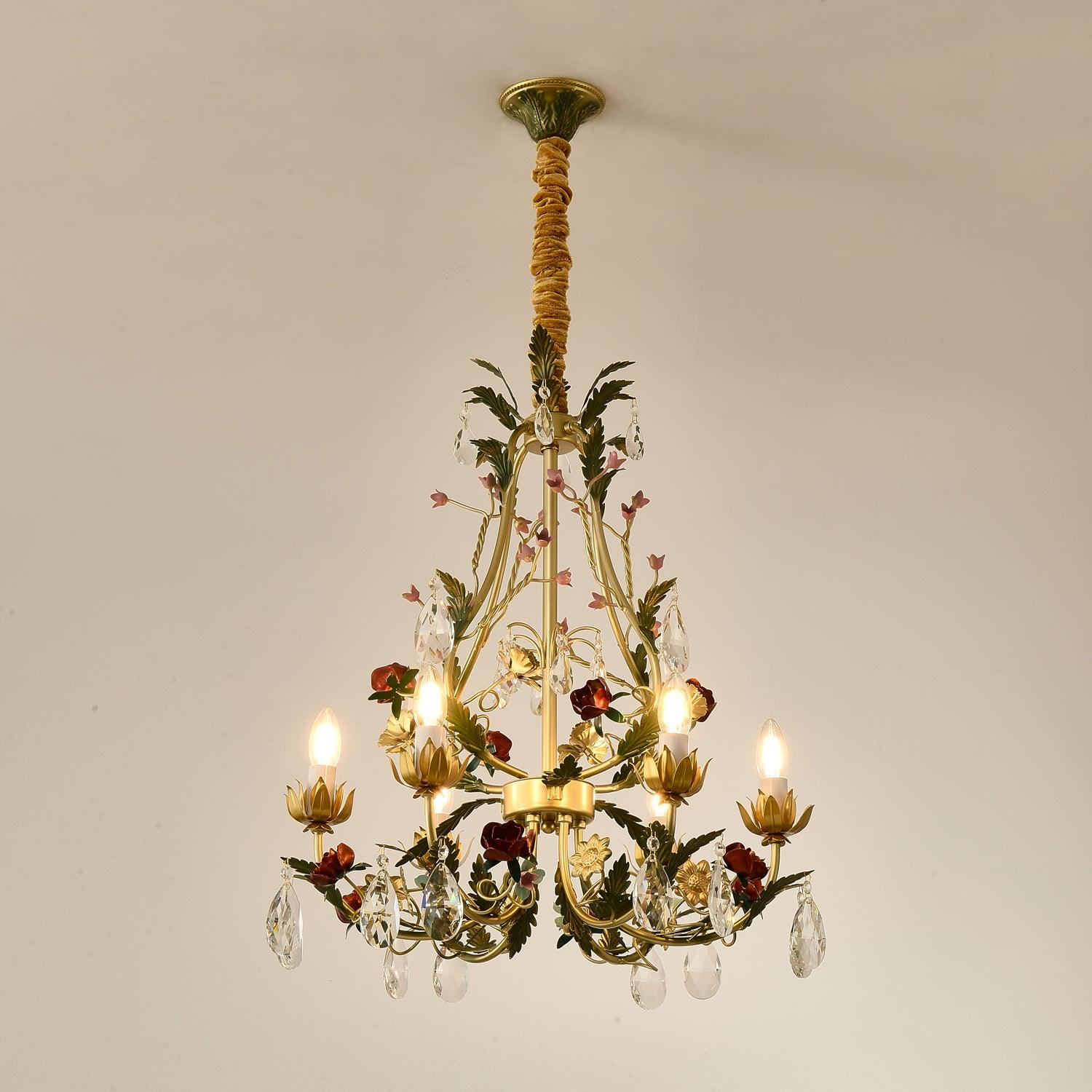 Selarella Chandelier Brass Floral Rose Crystal Candle
