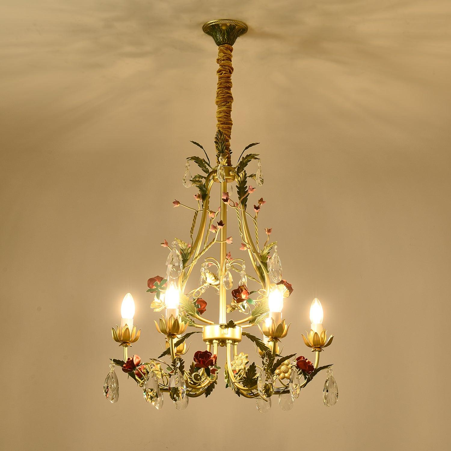 Selarella Chandelier Brass Floral Rose Crystal Candle