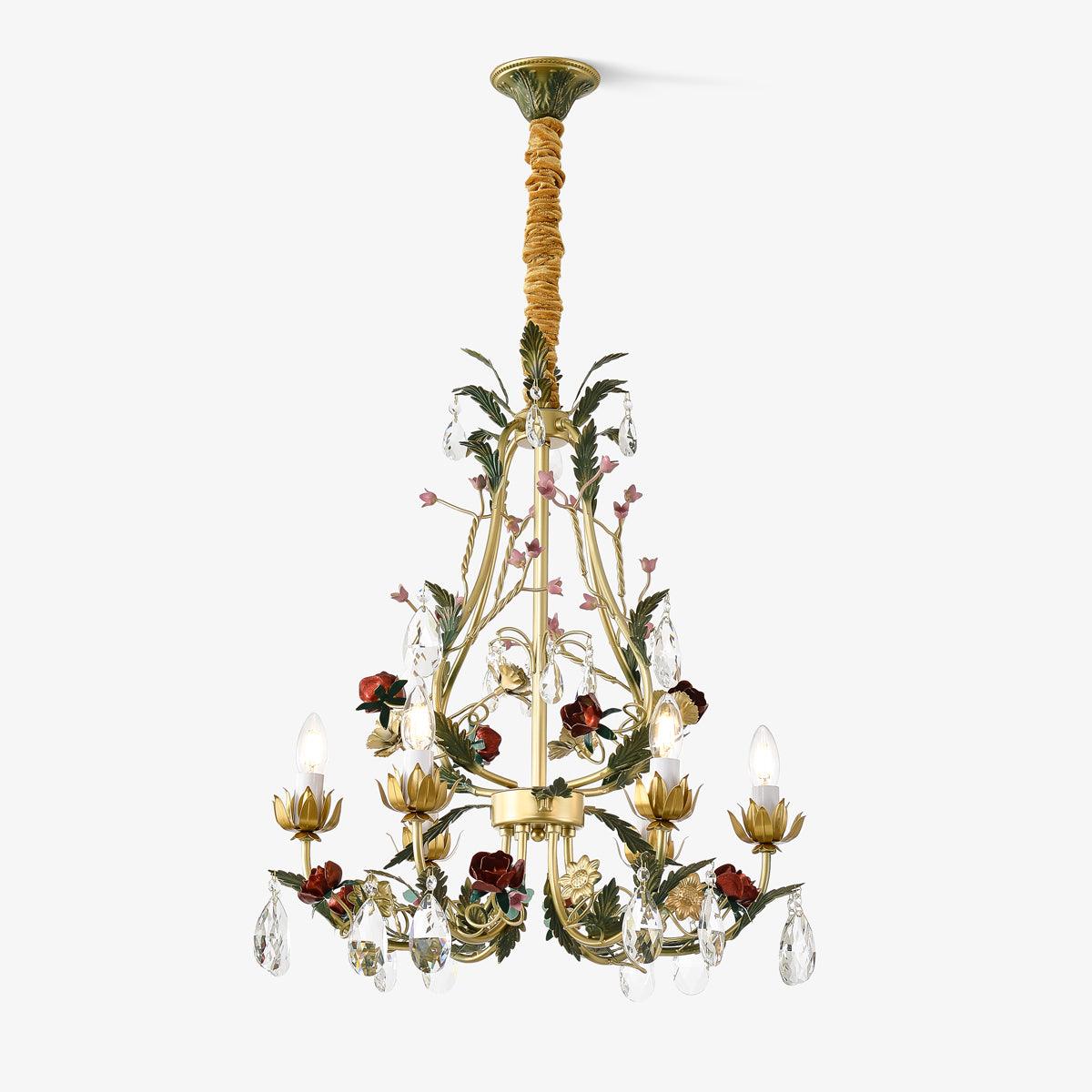 Selarella Chandelier Brass Floral Rose Crystal Candle