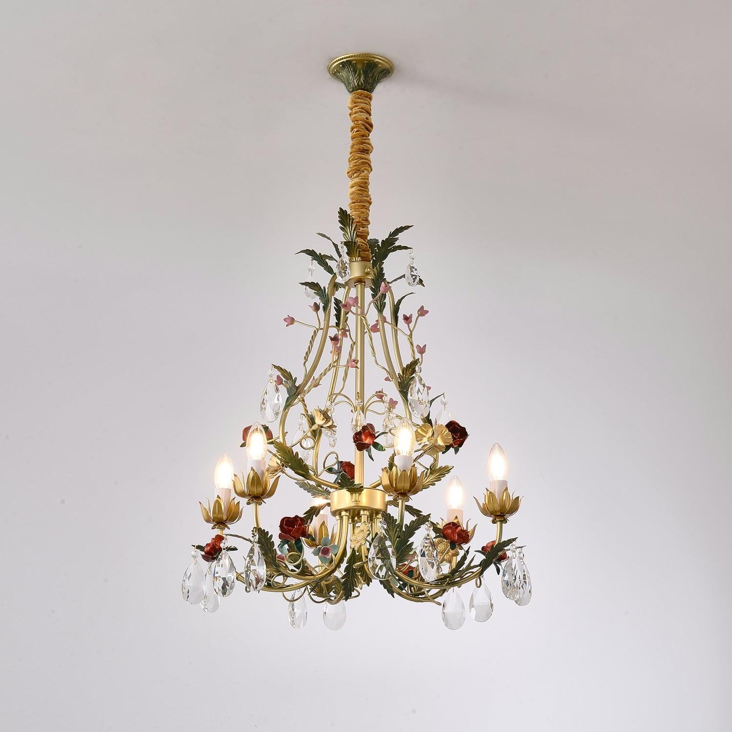 Selarella Chandelier Brass Floral Rose Crystal Candle