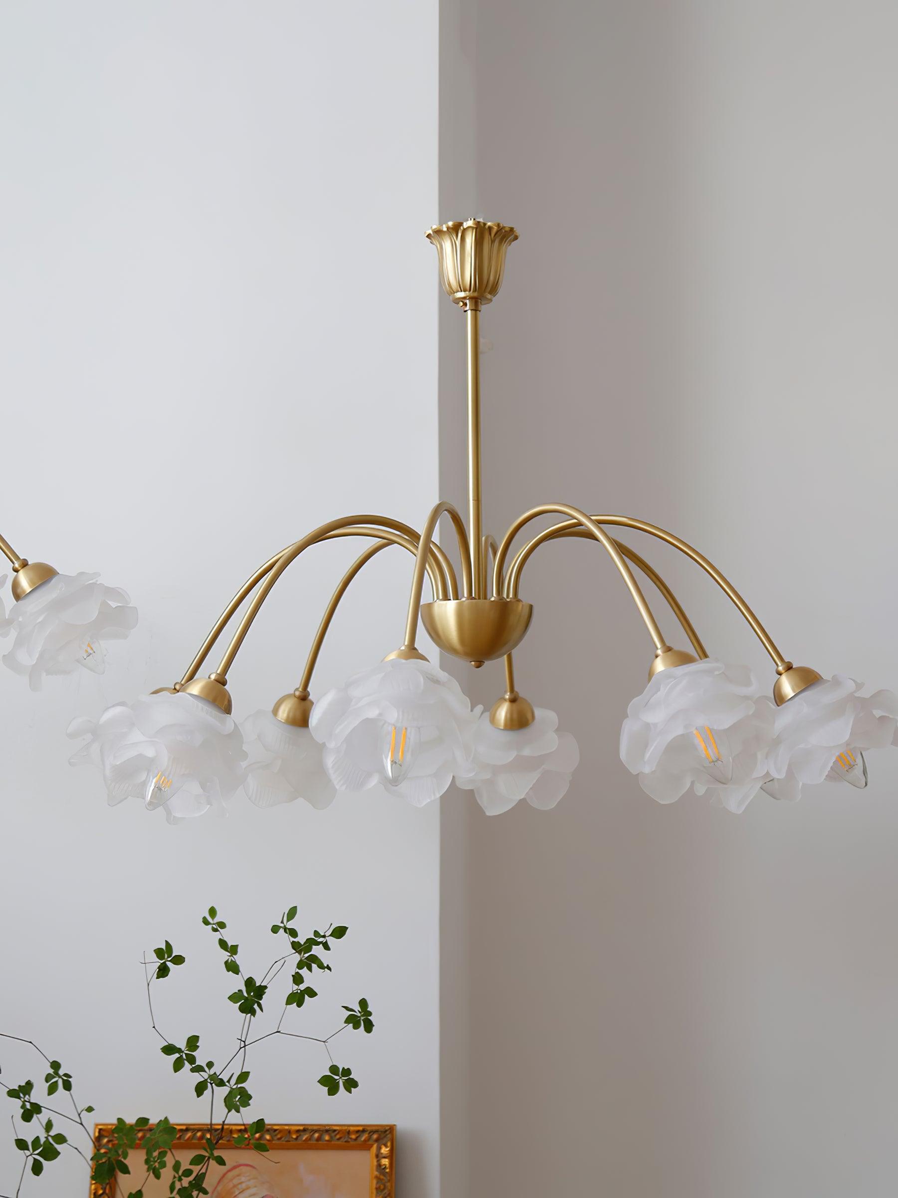 Lustra Chandelier Brass Glass Rose Floral - Neutral Decor