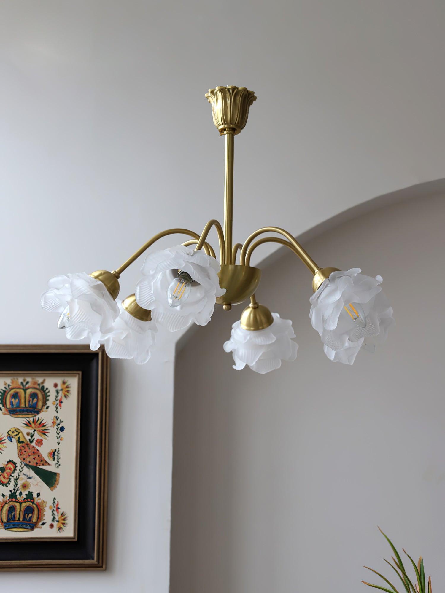 Lustra Chandelier Brass Glass Rose Floral - Neutral Decor
