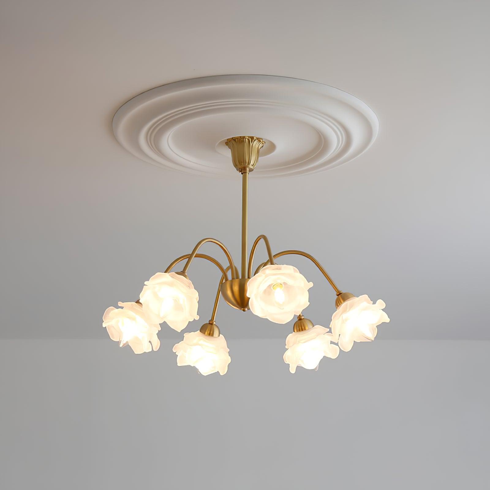 Lustra Chandelier Brass Glass Rose Floral - Neutral Decor