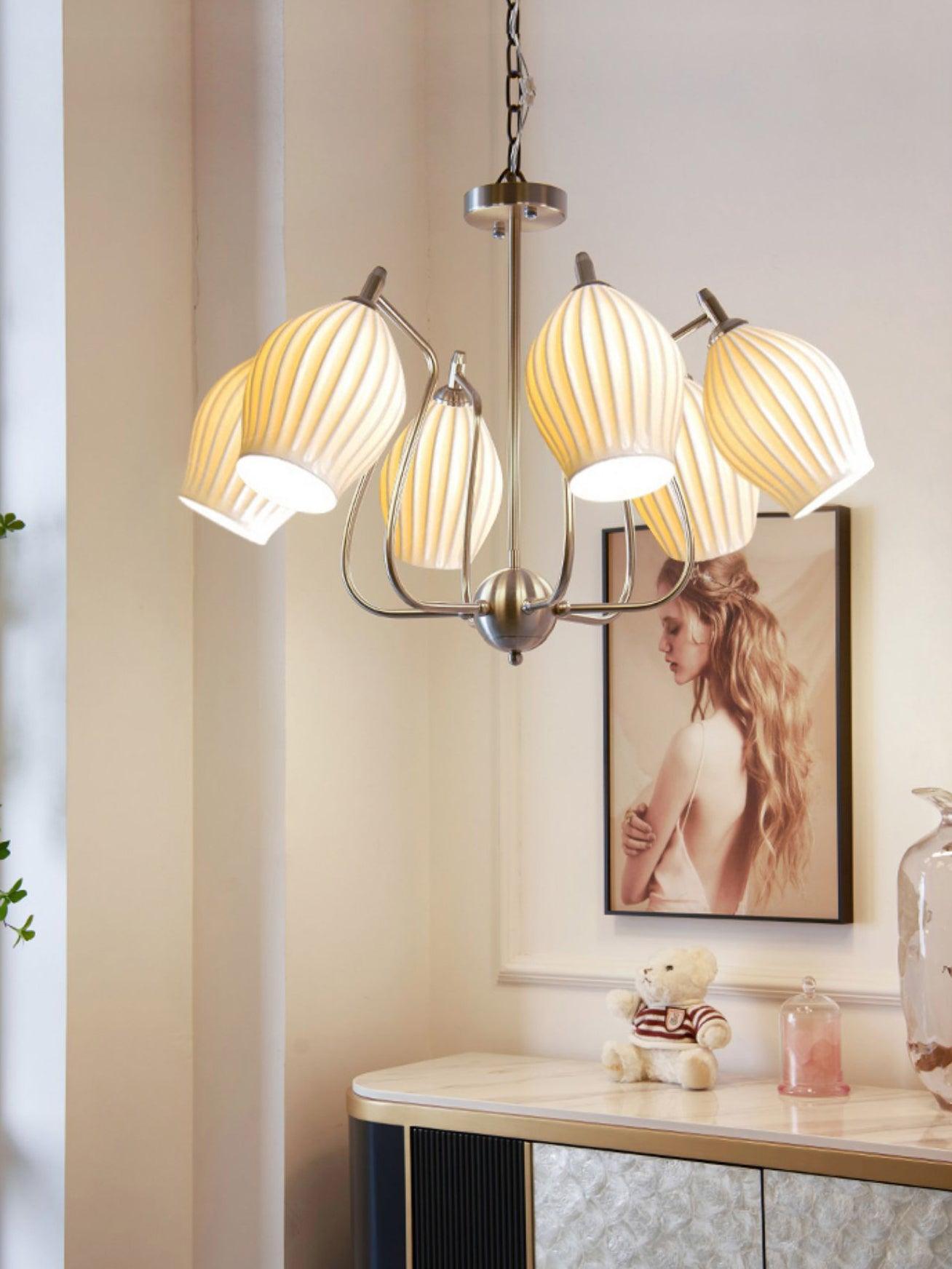 Pravin Chandelier Ceramic Ribbed Sculptural Glass Elegant