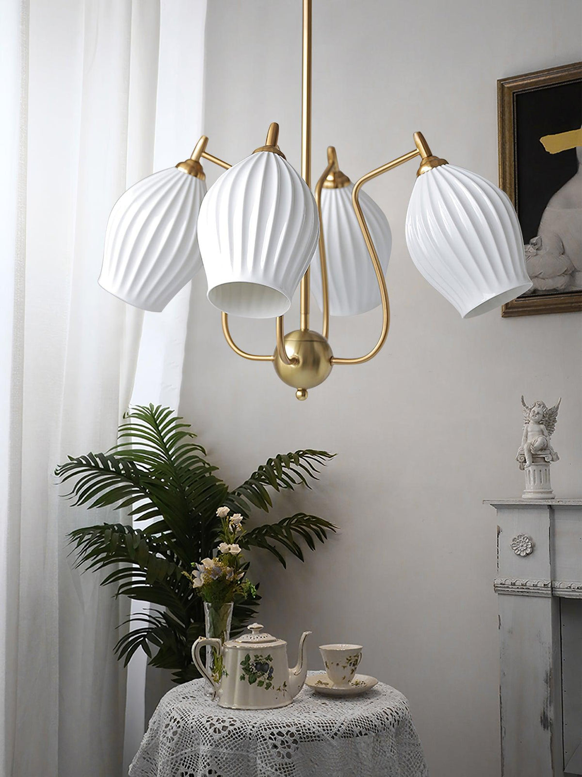 Pravin Chandelier Ceramic Ribbed Sculptural Glass Elegant