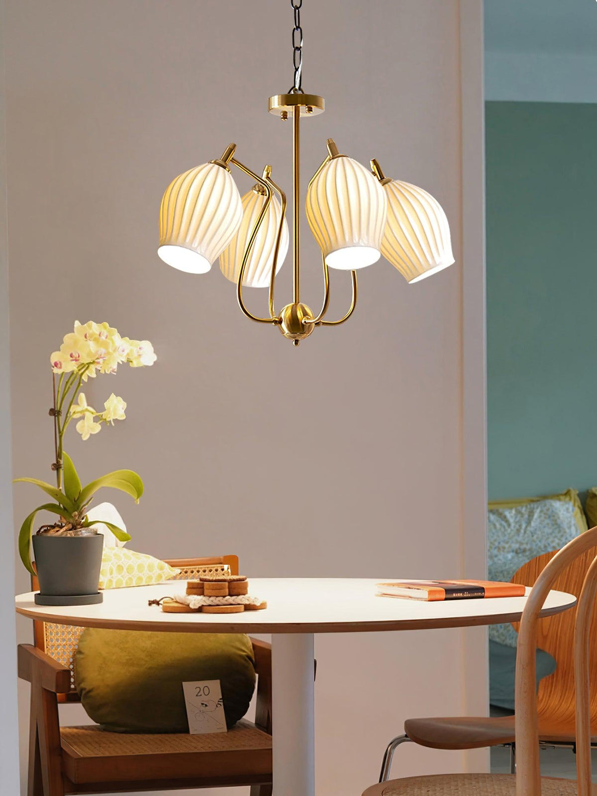 Pravin Chandelier Ceramic Ribbed Sculptural Glass Elegant