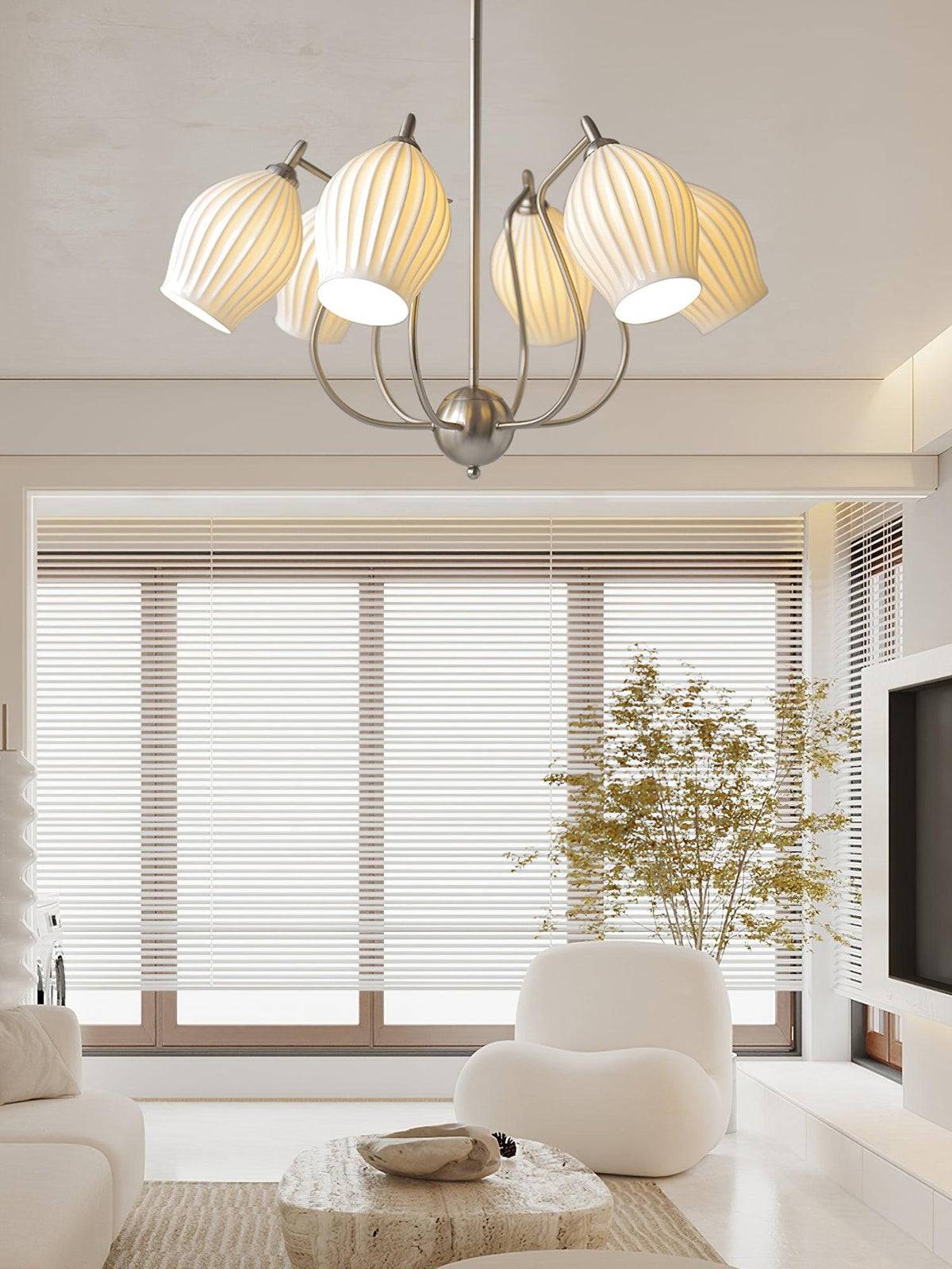 Pravin Chandelier Ceramic Ribbed Sculptural Glass Elegant
