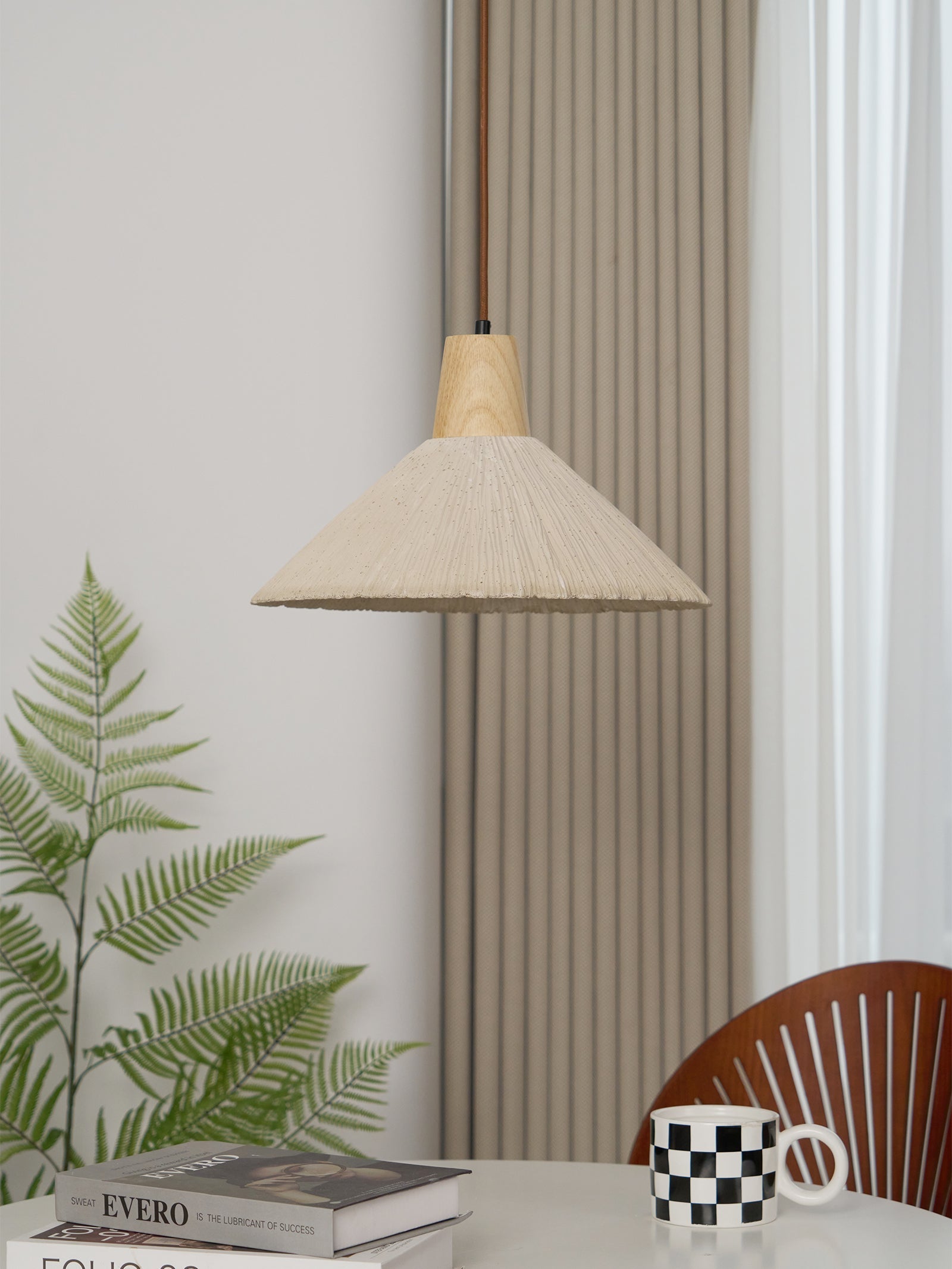 Pendant Lamp Wood Top Textured Cement Shade Grey Natural Japandi - Neutral Decor