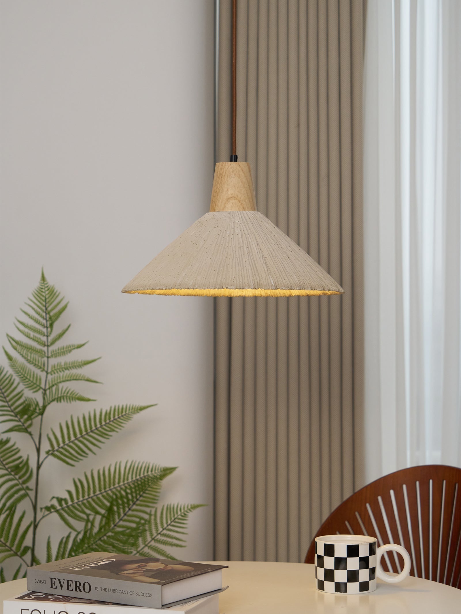 Pendant Lamp Wood Top Textured Cement Shade Grey Natural Japandi - Neutral Decor