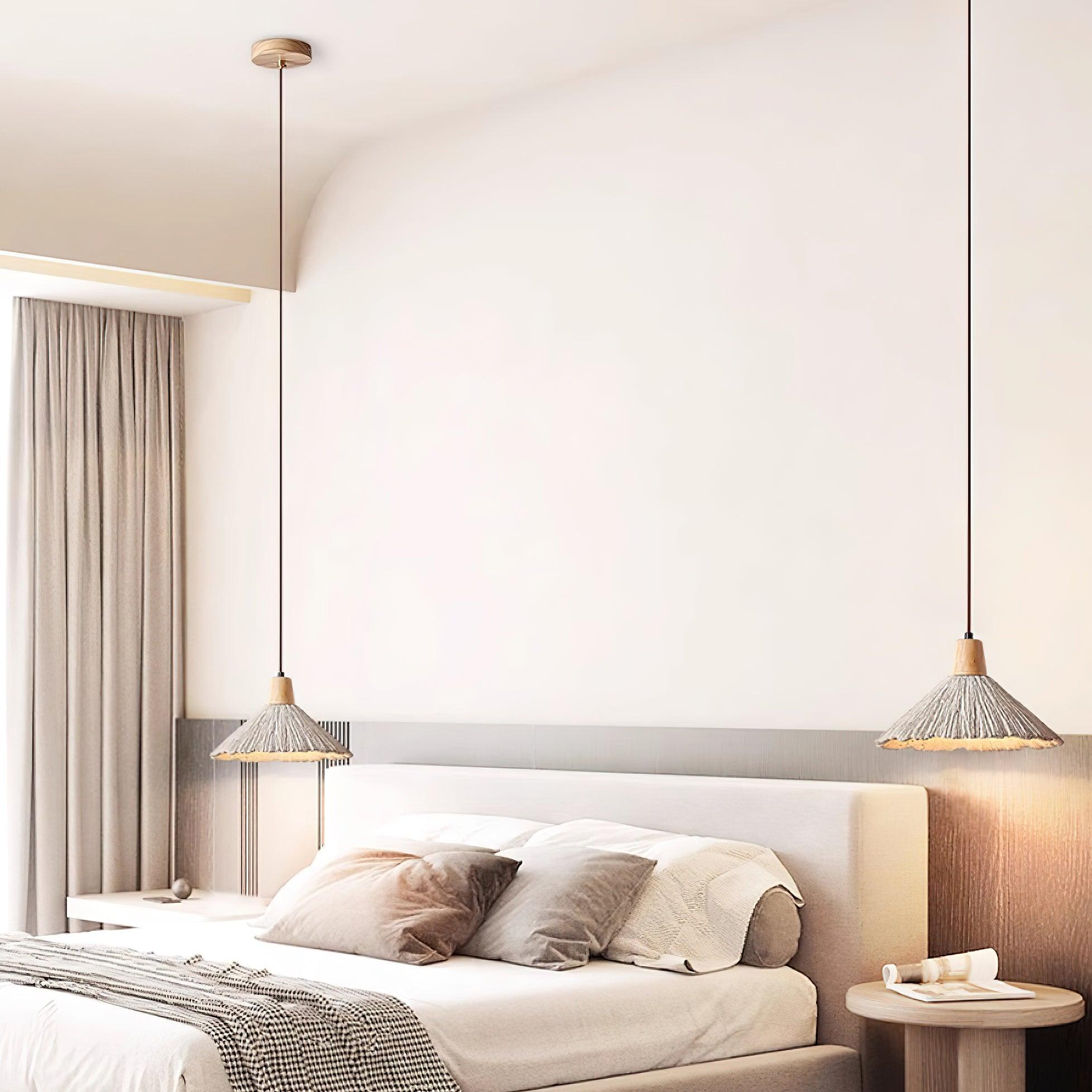Pendant Lamp Wood Top Textured Cement Shade Grey Natural Japandi - Neutral Decor