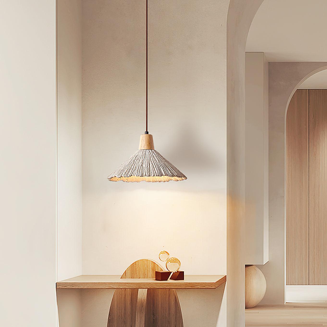 Pendant Lamp Wood Top Textured Cement Shade Grey Natural Japandi - Neutral Decor