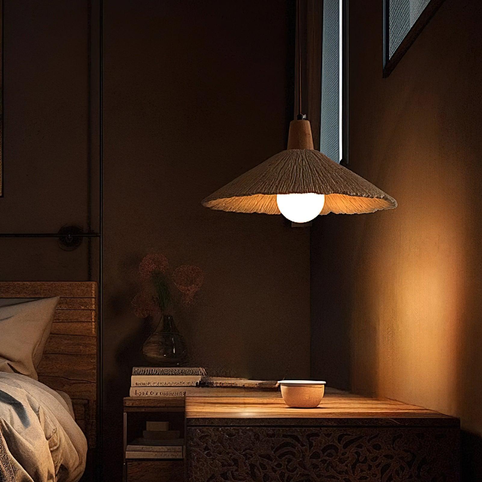 Pendant Lamp Wood Top Textured Cement Shade Grey Natural Japandi - Neutral Decor