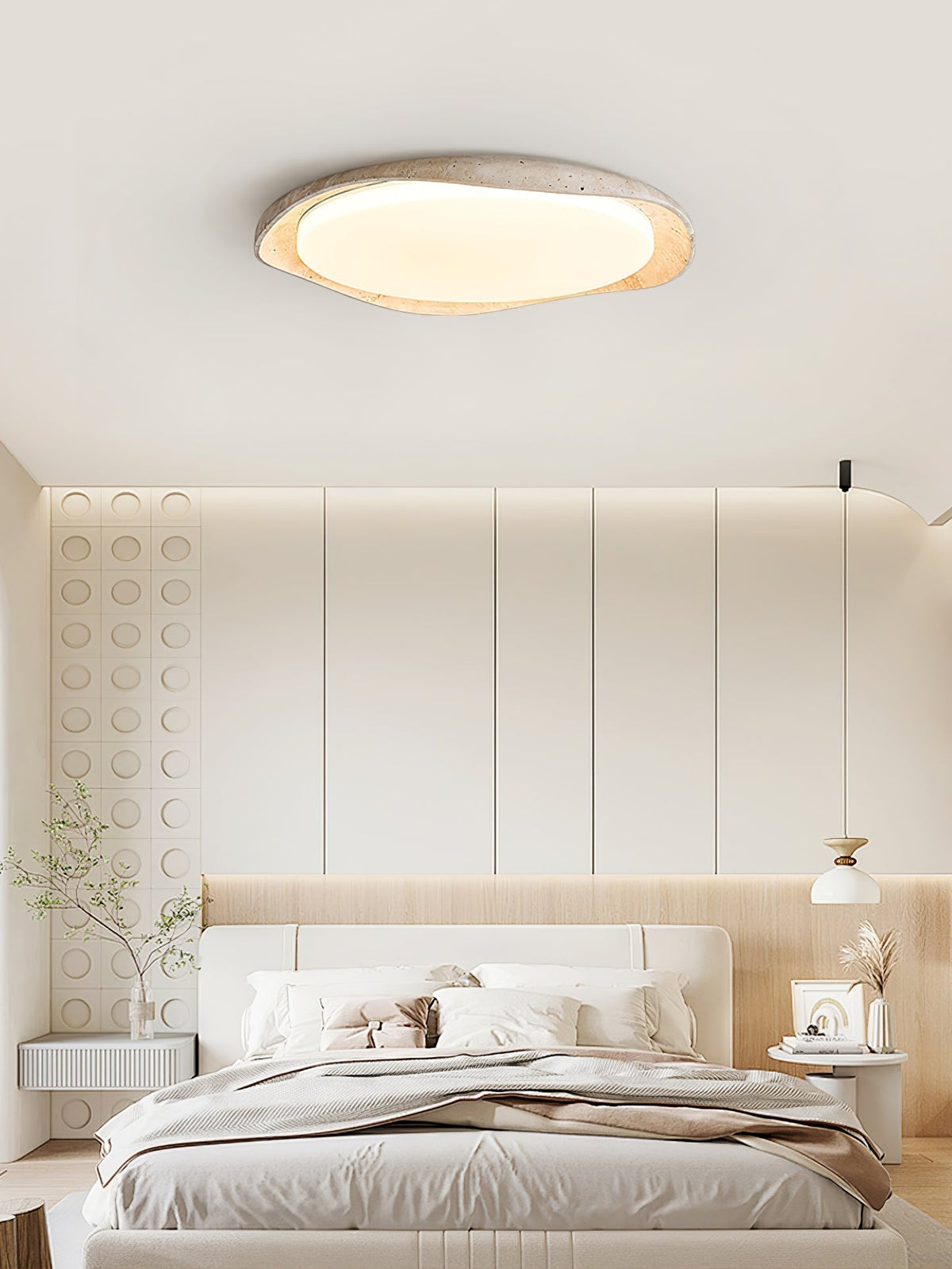 Adoros Rimmed-Circle Travertine Ceiling Light