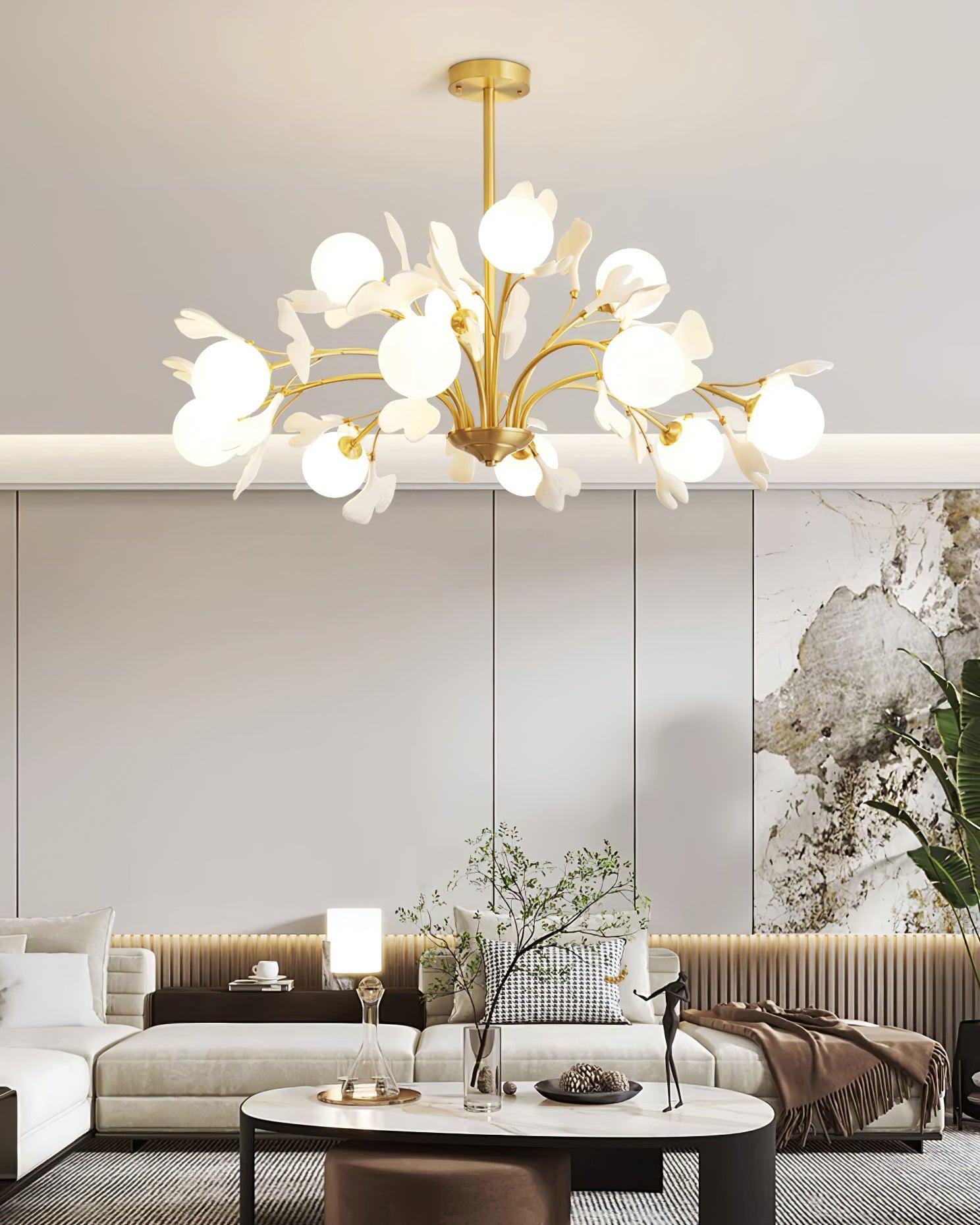 Dorvel Chandelier Ginkgo Leaf Brass Ceramic Glass