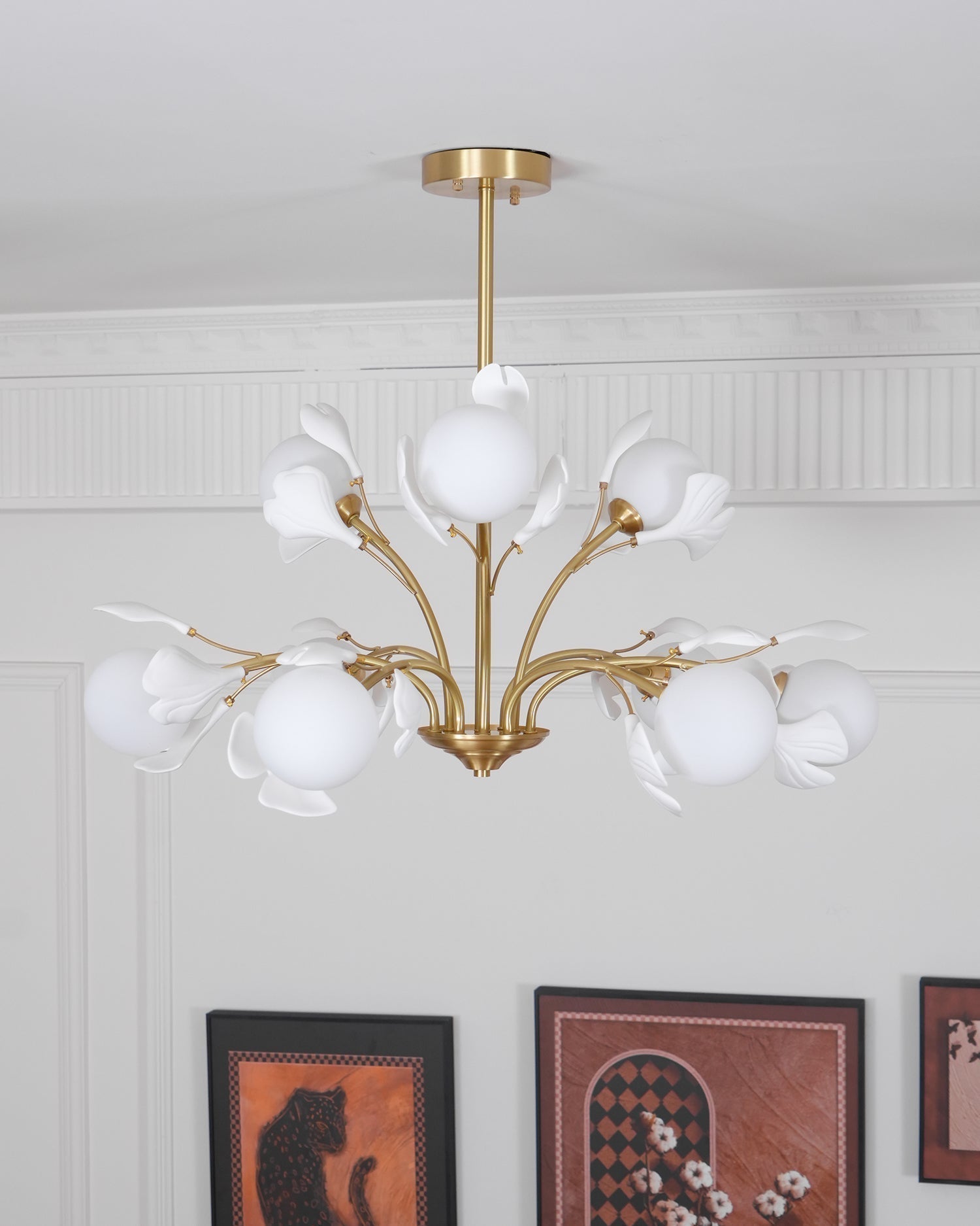 Dorvel Chandelier Ginkgo Leaf Brass Ceramic Glass