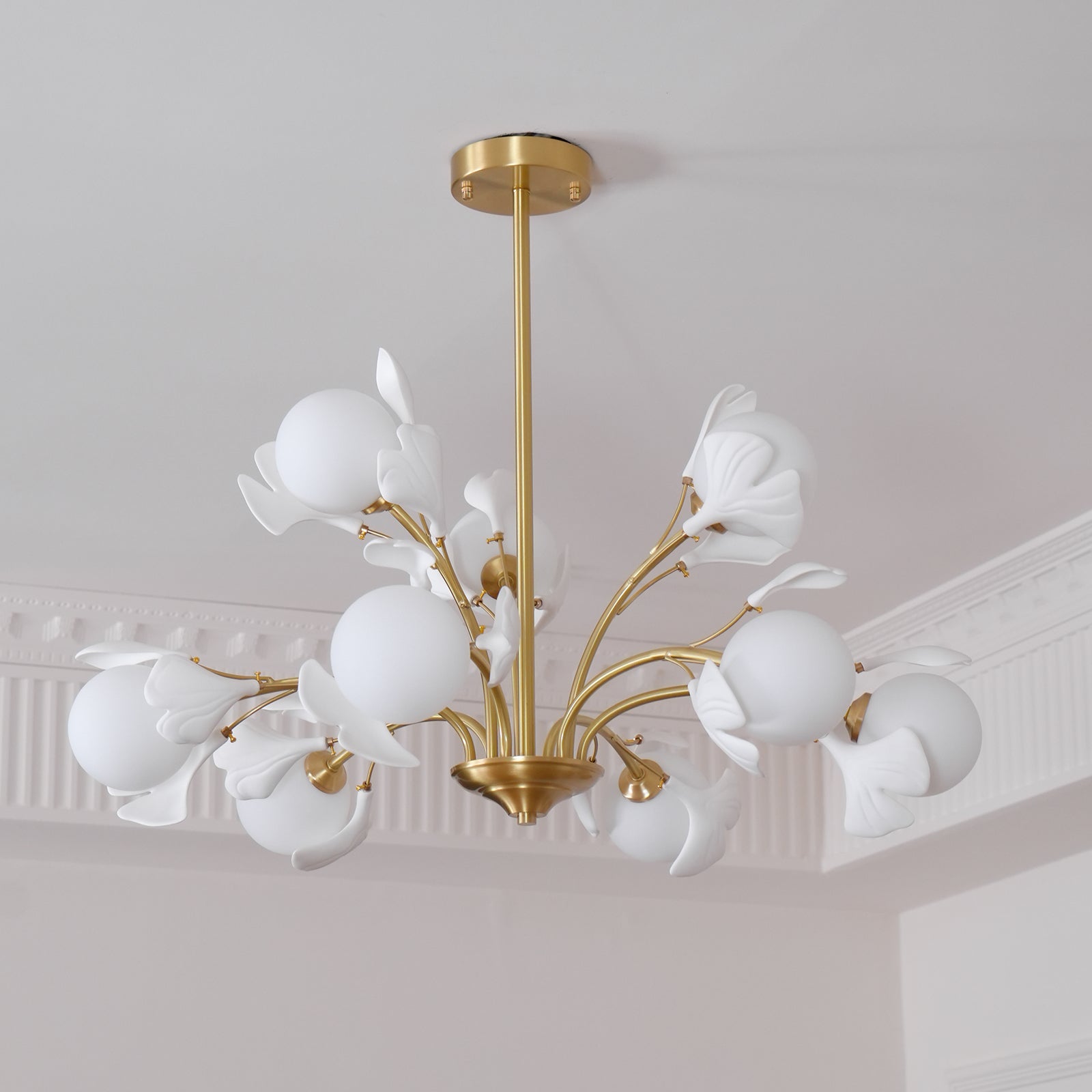 Dorvel Chandelier Ginkgo Leaf Brass Ceramic Glass