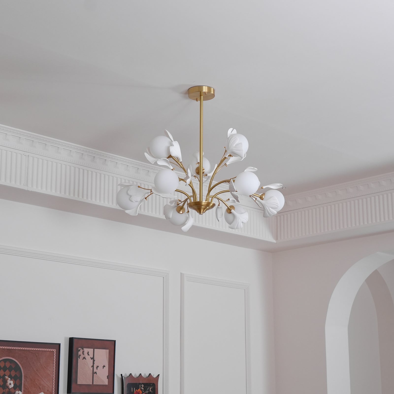 Dorvel Chandelier Ginkgo Leaf Brass Ceramic Glass