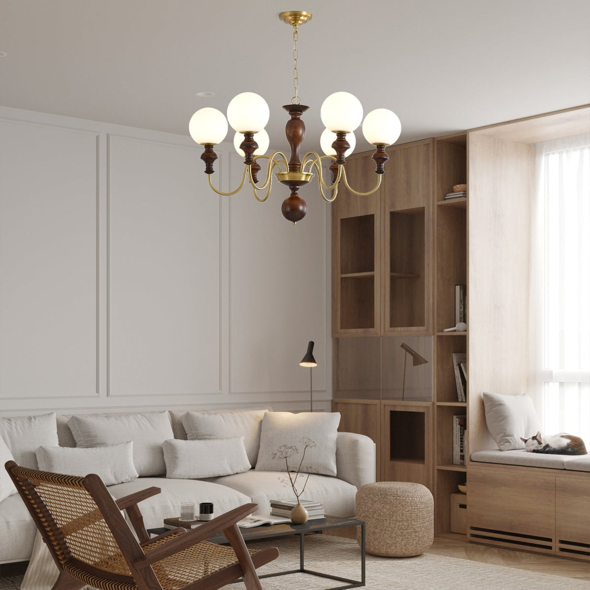 Indris Chandelier Wood & Brass Timeless Globe