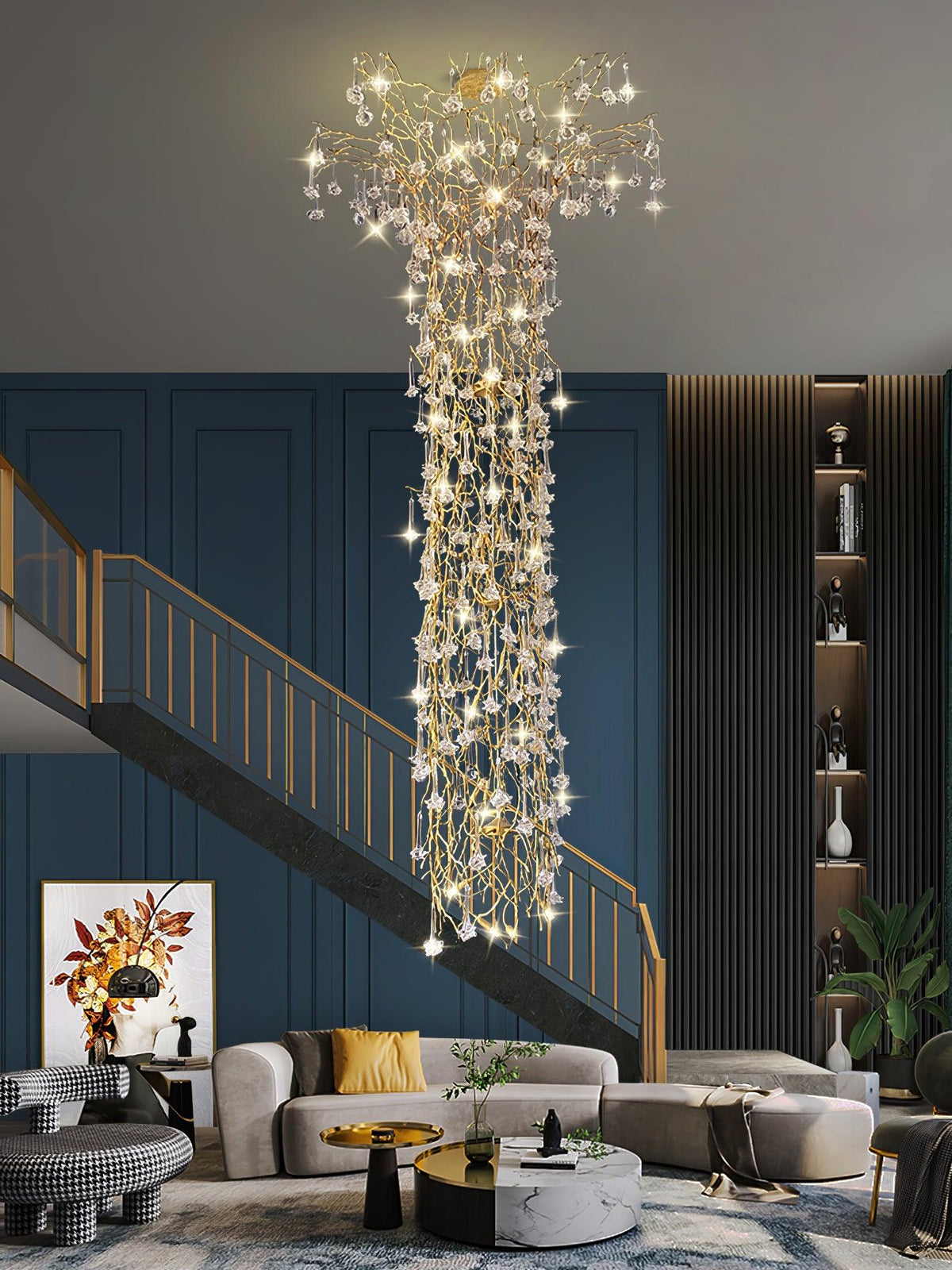 Abeleisa Tree Branch Staircase Brass Crystal Chandelier