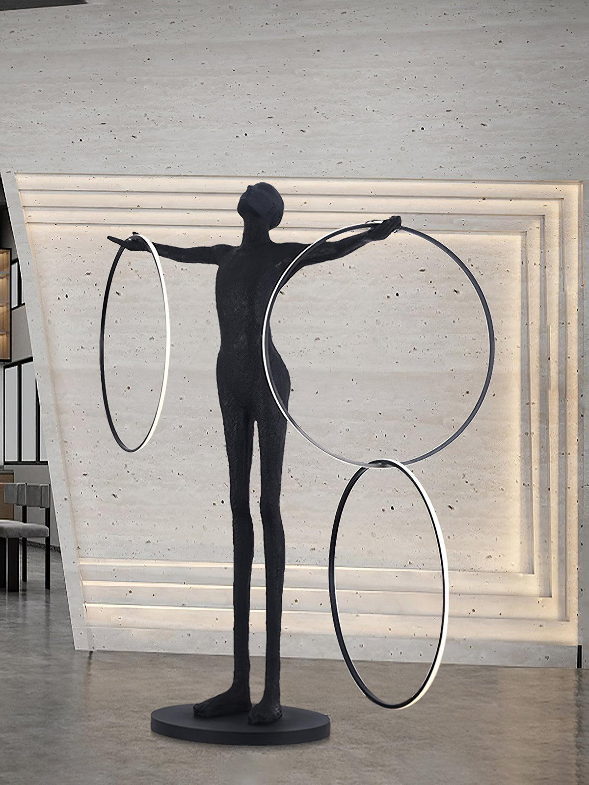 Eclipsa Dual-Ring Sculptural Black Floor Lamp