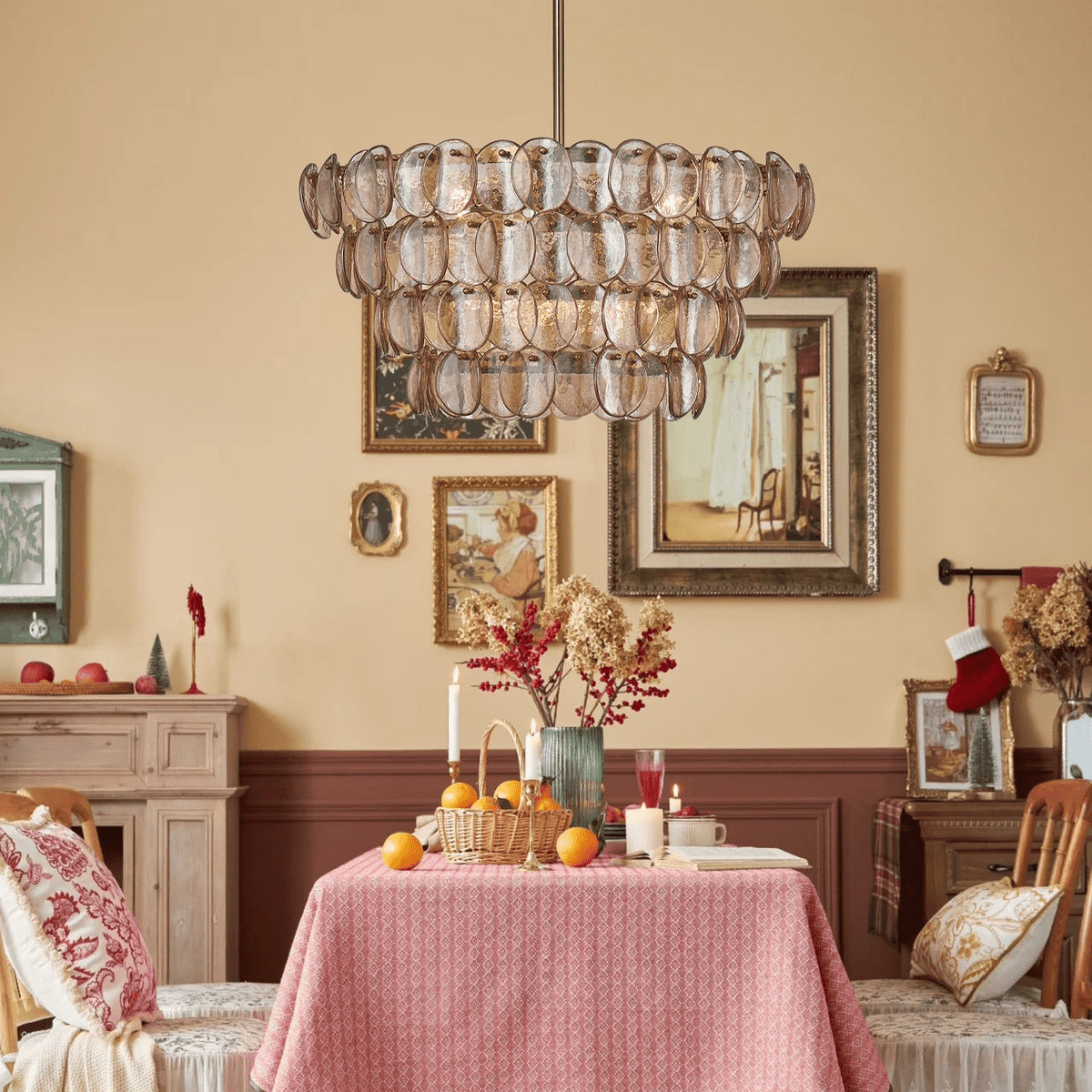 Lioroelle Chandelier Amber Glass Disc Fish Scale Brass