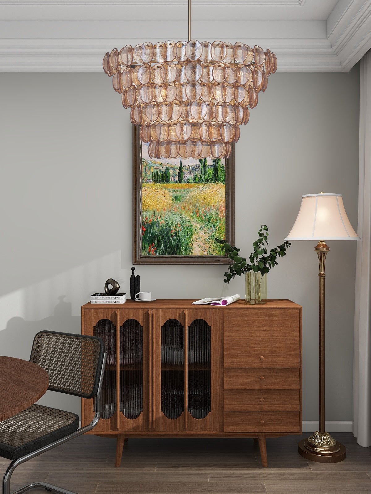 Celalella Chandelier Large Amber Glass Disc Fish Scale Brass