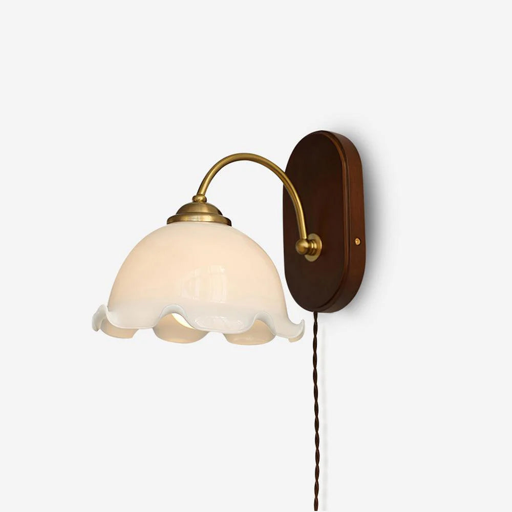 Wall Lamp Curved Arm Flower Glass Shade Plug In Vintage - Neutral Decor
