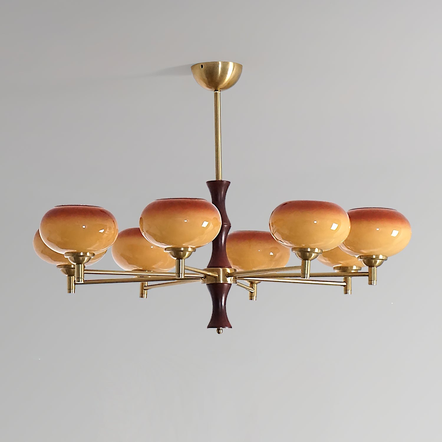 Chandelier Caramel Glass Globes Walnut Wood Arms Vintage - Neutral Decor