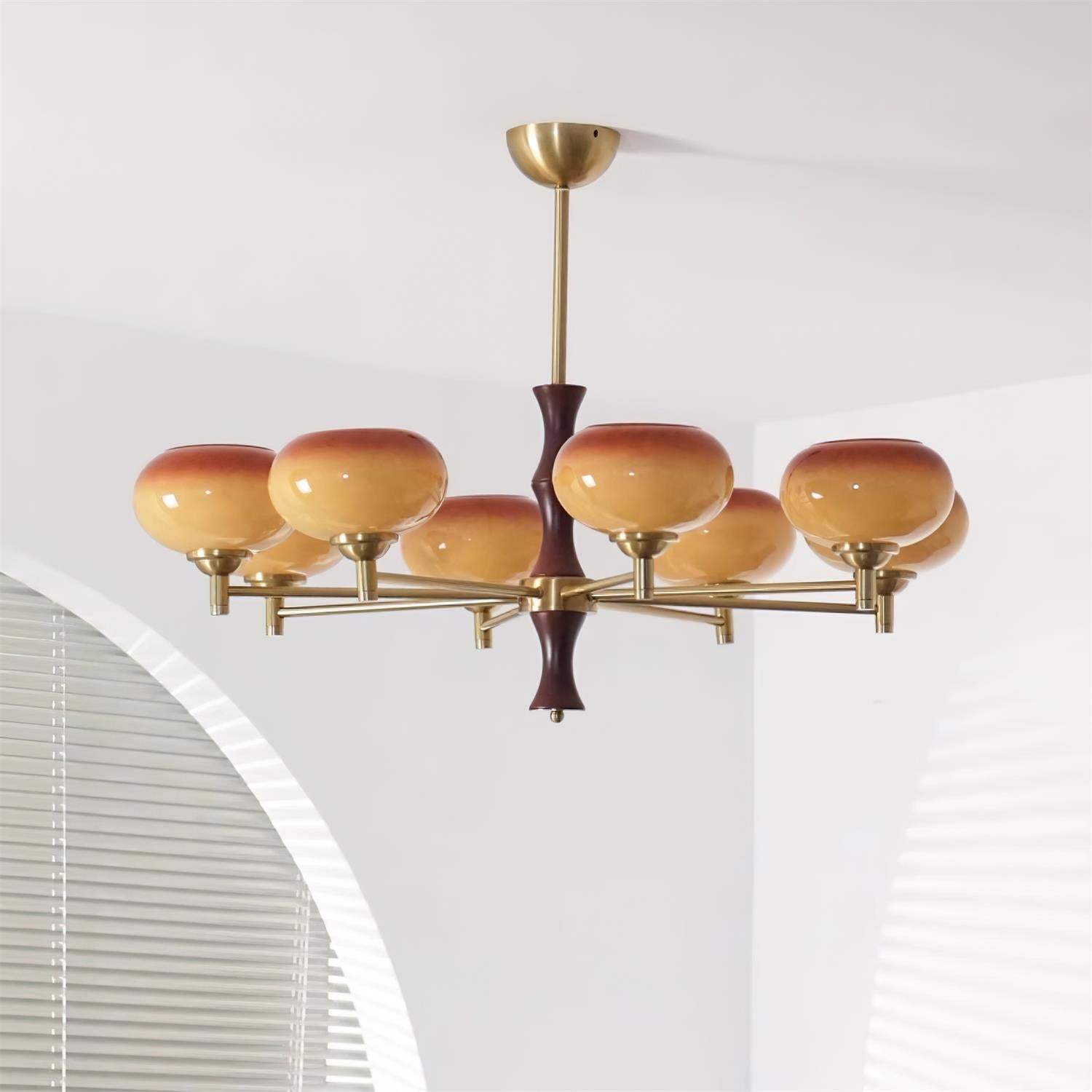 Chandelier Caramel Glass Globes Walnut Wood Arms Vintage - Neutral Decor