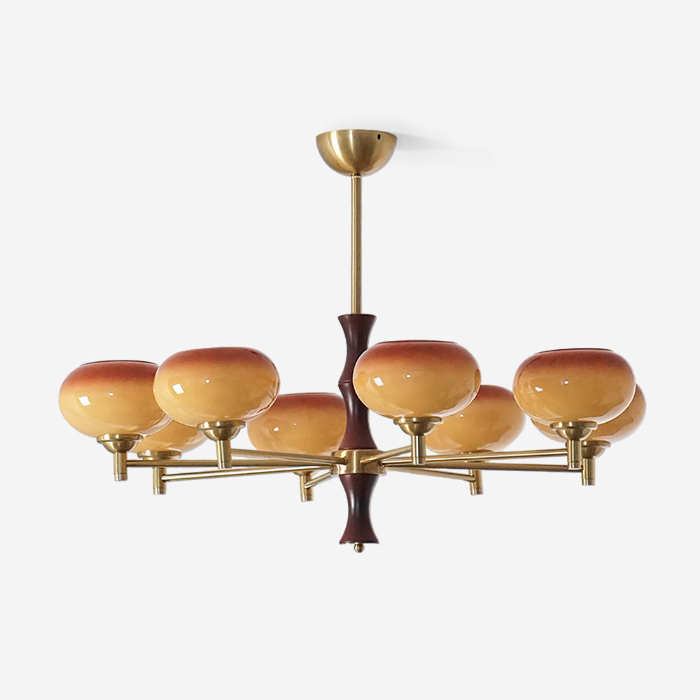 Chandelier Caramel Glass Globes Walnut Wood Arms Vintage - Neutral Decor