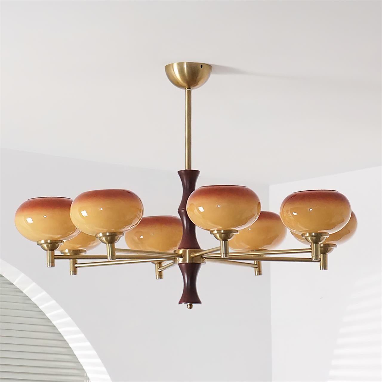 Chandelier Caramel Glass Globes Walnut Wood Arms Vintage - Neutral Decor