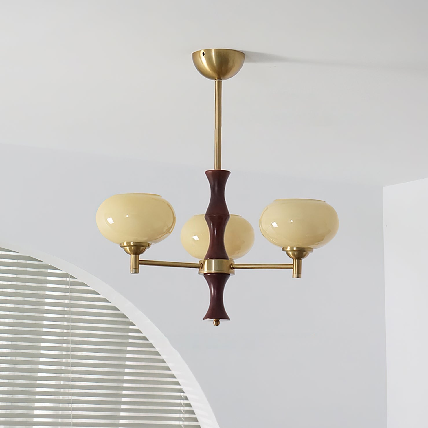 Chandelier Caramel Glass Globes Walnut Wood Arms Vintage - Neutral Decor