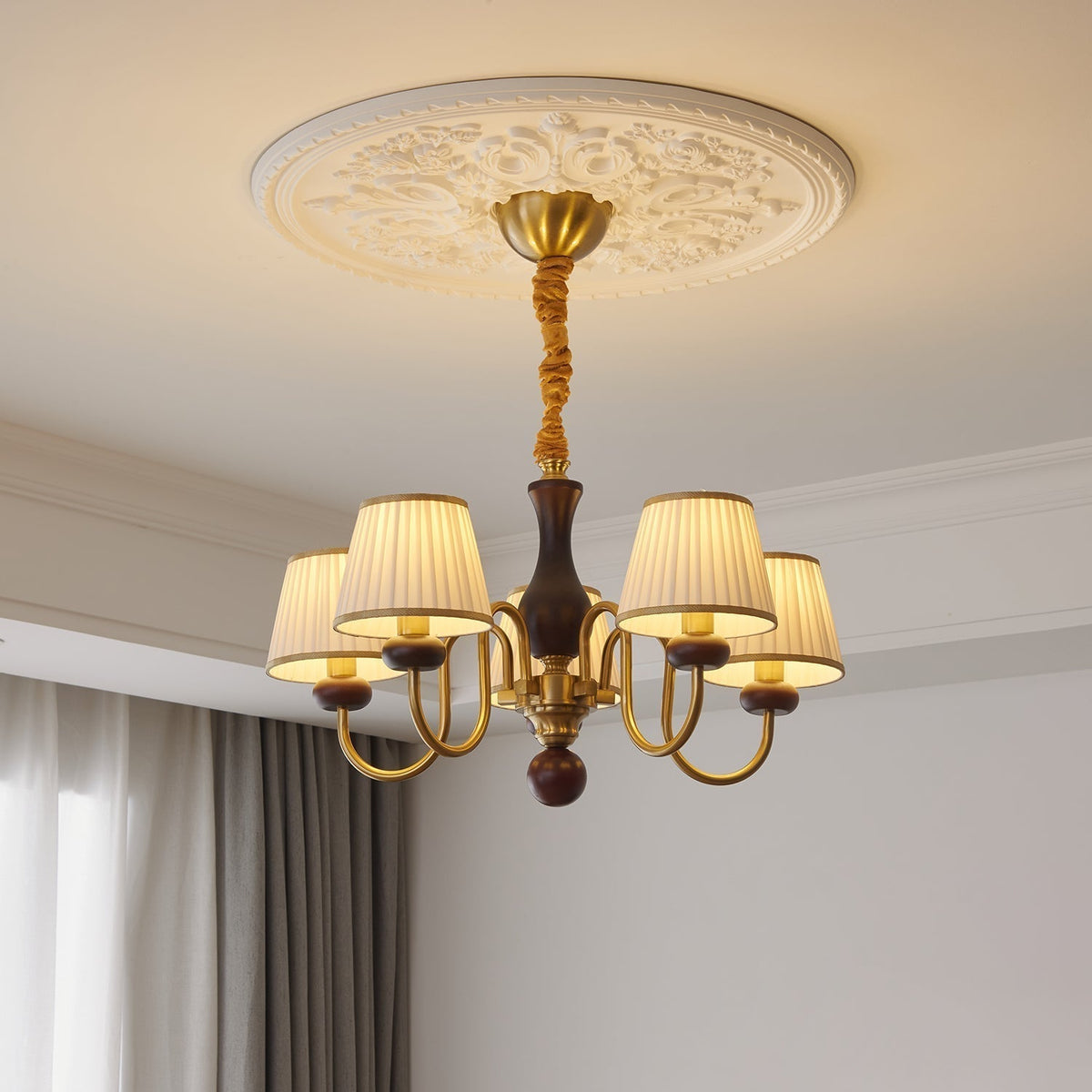 Erthaos Traditional Elegance Pleat Fabric Wood Chandelier