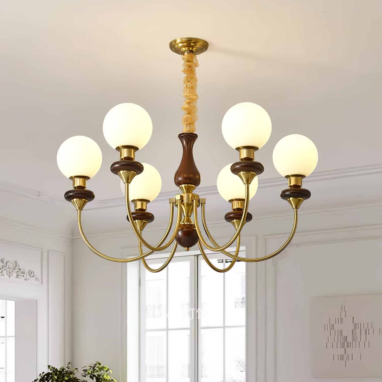 Rinoelle Chandelier Retro Brass Walnut Glass