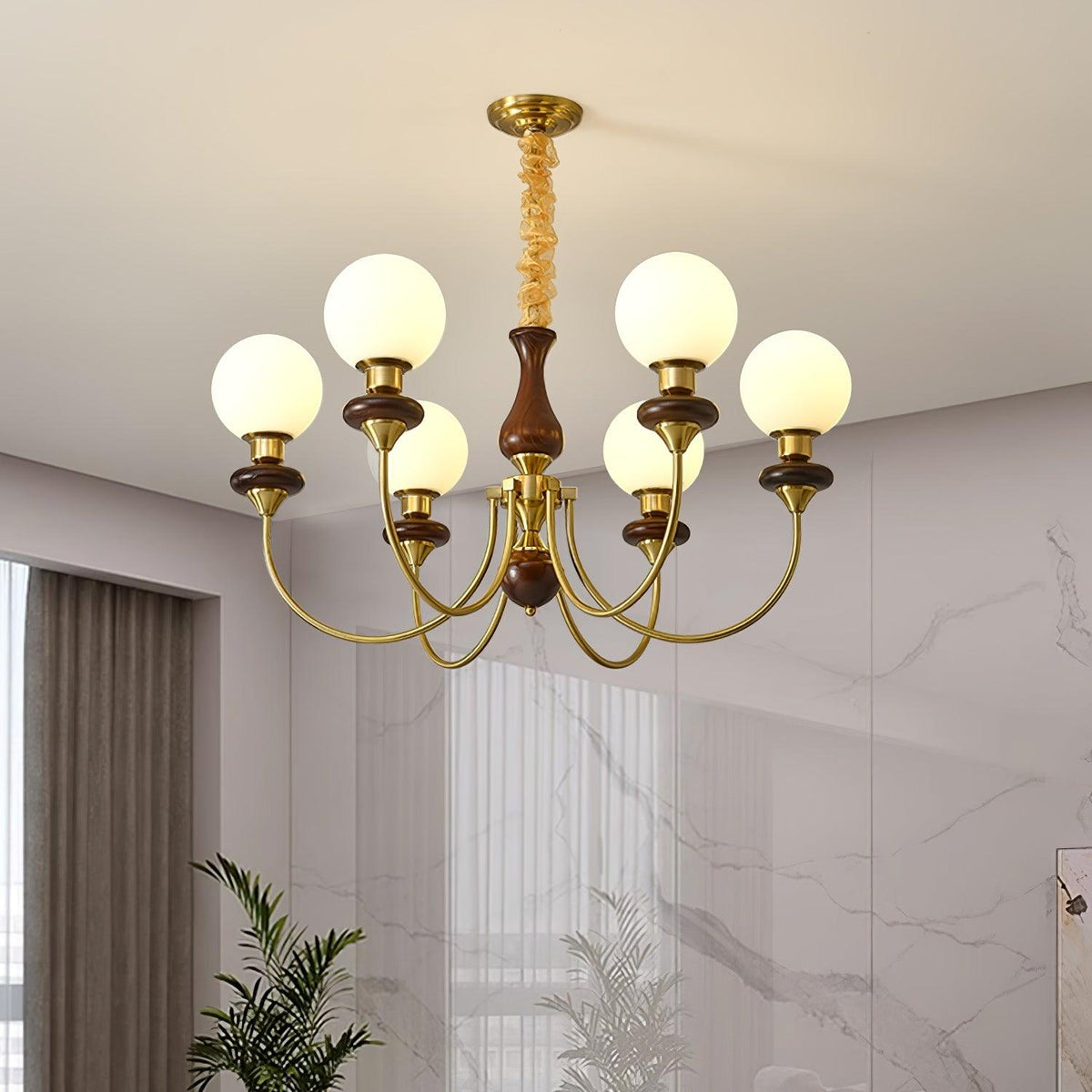 Rinoelle Chandelier Retro Brass Walnut Glass