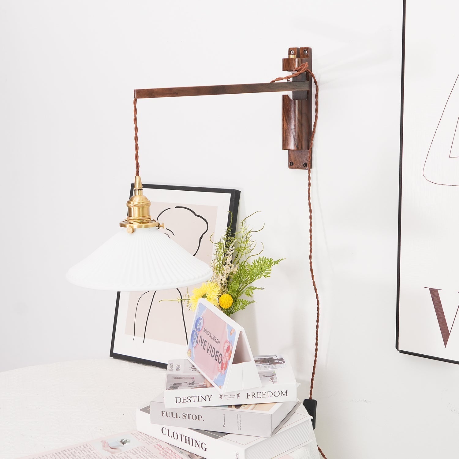 Evin Nordic Art Swing Arm Walnut Ceramic Wall Lamp